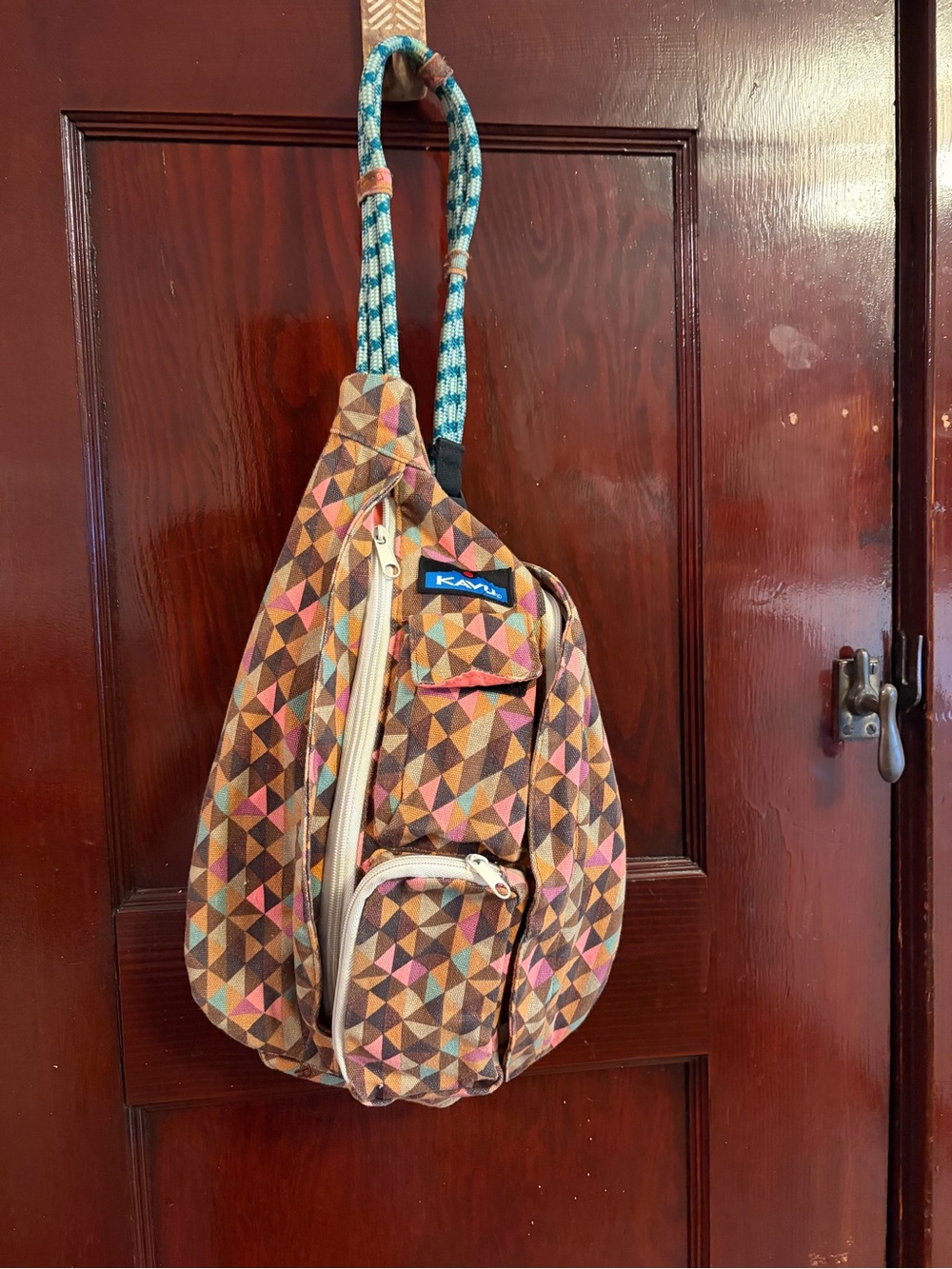 Kavu Mini Pack Brown and Pink Geo Pattern Sling Bag